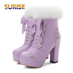 Sweet Lolita Bowknot Platform Ankle Boots Women High Chunky Heels White Party Lovely Lady Round Toe Lace Fur Zipper Short Boots