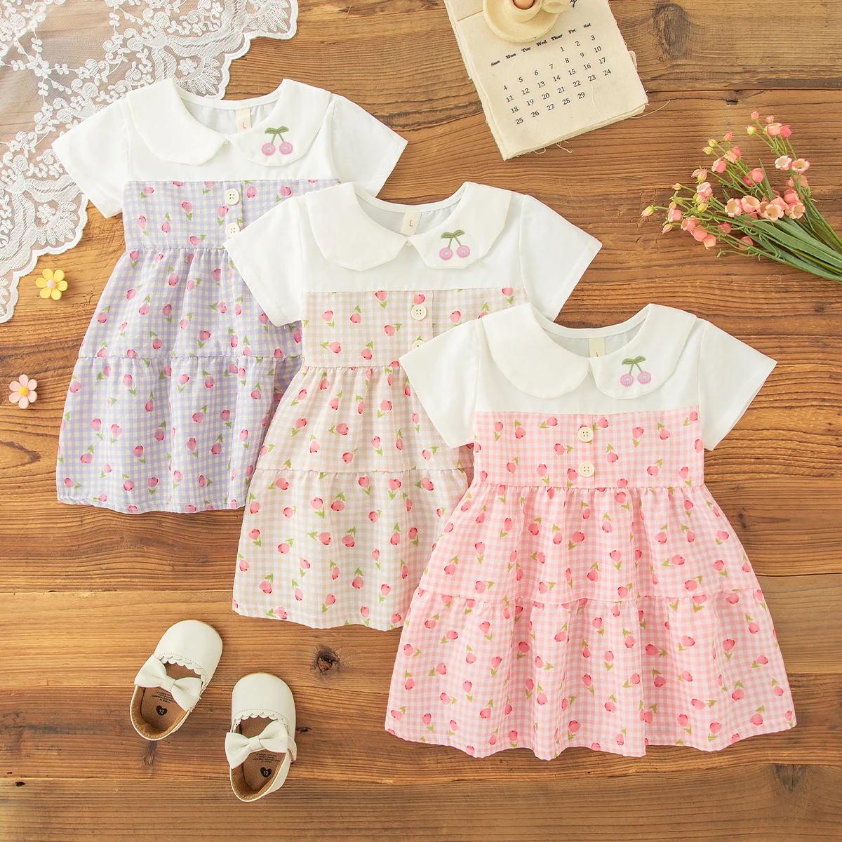 Girls Dresses Summer Cotton Full Print Checkered Bow Short Sleeve Baby Girl Dress Sweet and Cute Beach Baby Girl Clothing