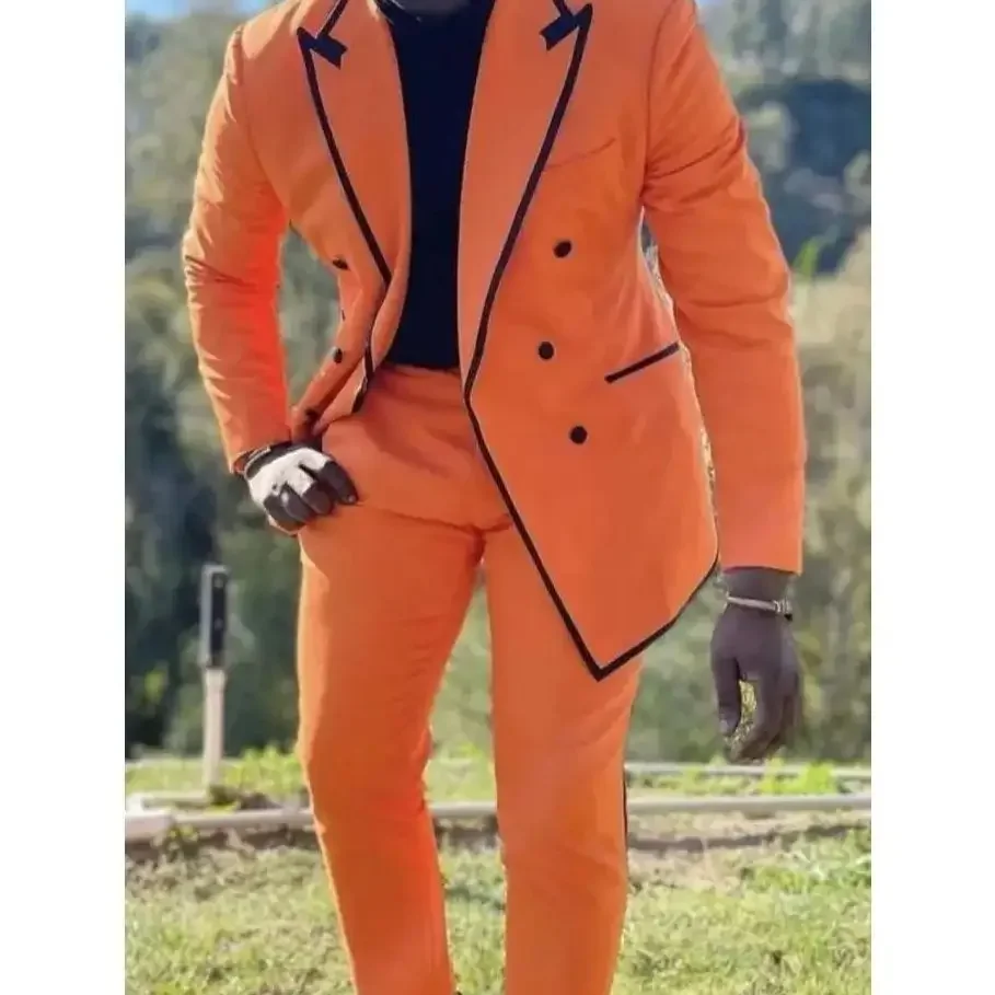 Fashion Orange Men Suits 2 Pieces Black Trimming Peaked Lapel Costume Homme Wedding Groom Tailored Made Blazer Sets