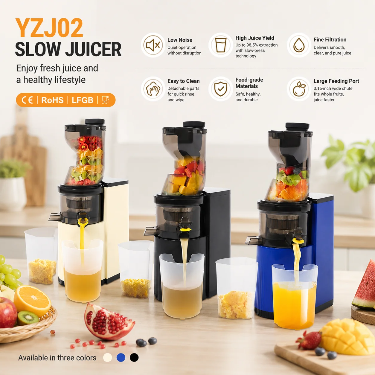 800W Slow Juicer Kaltpress-Entsafter, 48 U/min leiser Motor, 3,15 Zoll breiter Einfüllschacht für ganze Früchte & Gemüse, 98,5 % Saftausbeute, einfache Reinigung, BPA-frei, mit Rücklauffunktion,