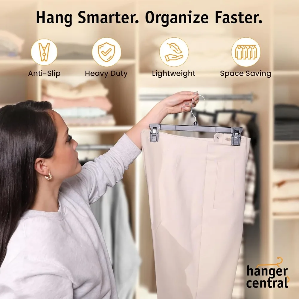 12-Inch 30-Pack Pants Hangers with Clips – Non-Slip, Heavy Duty, Space-Saving Black Closet Organizer