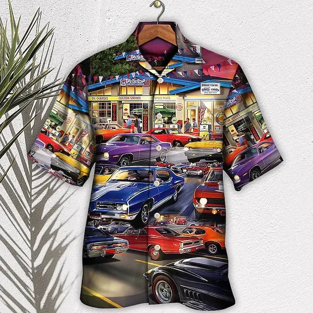 Camisas con estampado 3d de coche Vintage para hombres y mujeres, camisa hawaiana de moda unisex, blusa de gran tamaño de manga corta para playa,