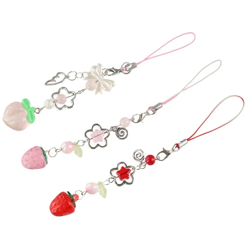 

Cute Sweet Y2K Strawberry Phone Lanyard Transparent Beaded Fruits Phone Chain Pendant Pink Red Phone Strap Charm For Girls