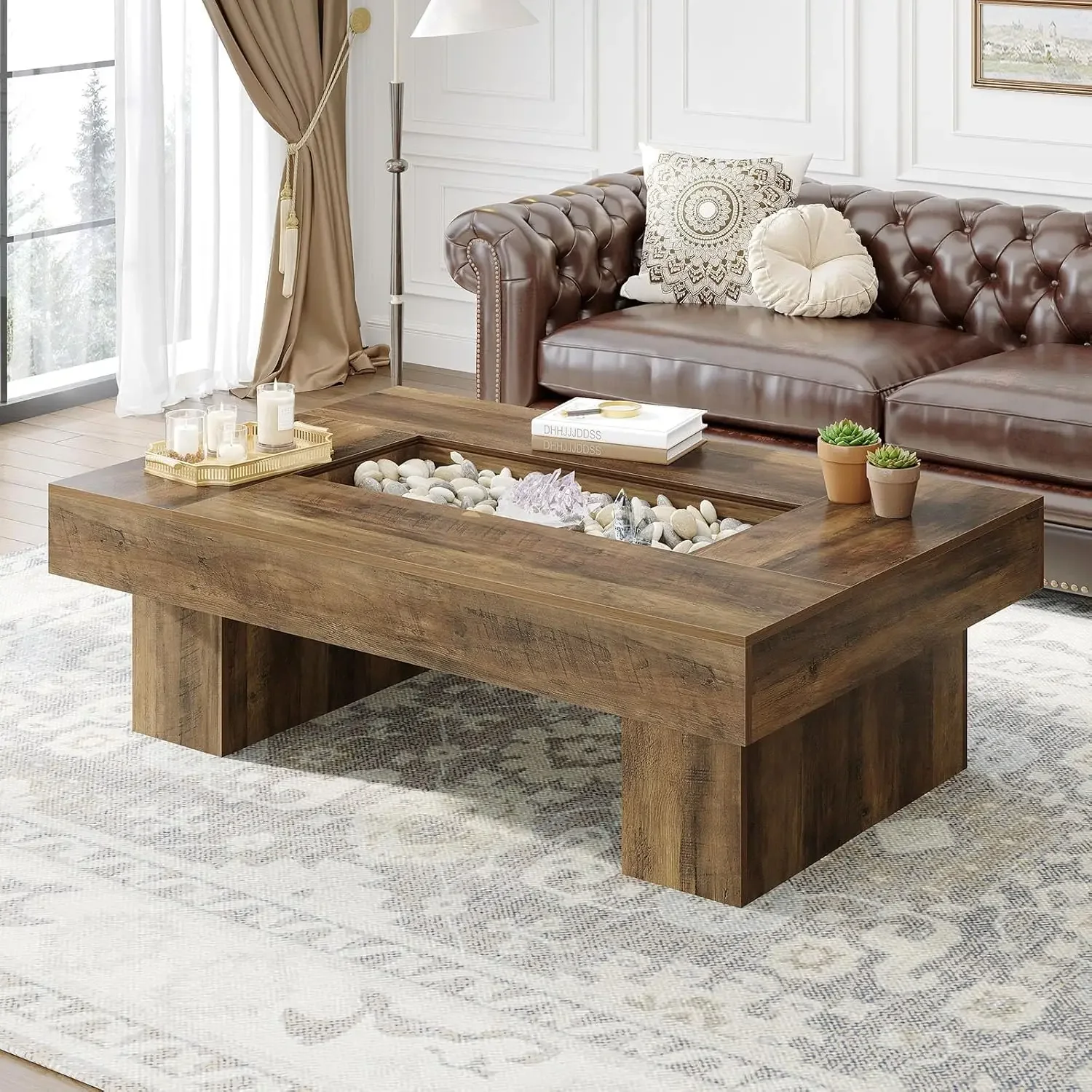 Coffee Table, Modern Wood Led Living Room Table with Storage, Farmhouse Large Rectangle Center Table with LED Light, Unique Wide