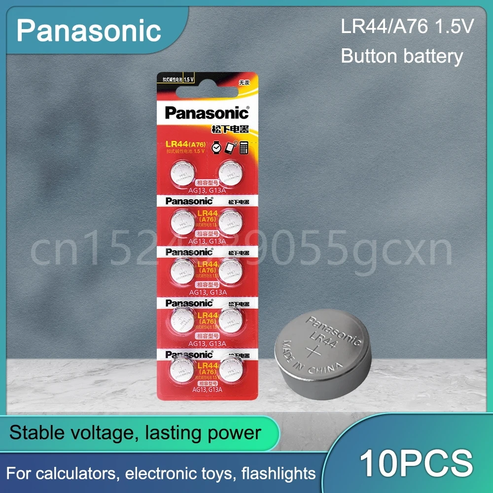 10 шт., щелочные кнопочные батарейки Panasonic A76 LR44 AG13 357 LR1154 SR44 LR 44 1,5 V