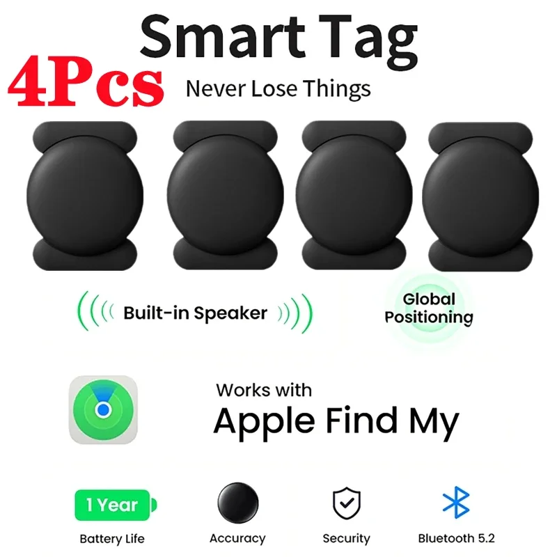 4-Pack IOS GPS Smart Tag for Apple Find My Tracker Kits with Strong Magnetic Suction Silicone Shell Anti-loss for Skateboard Car