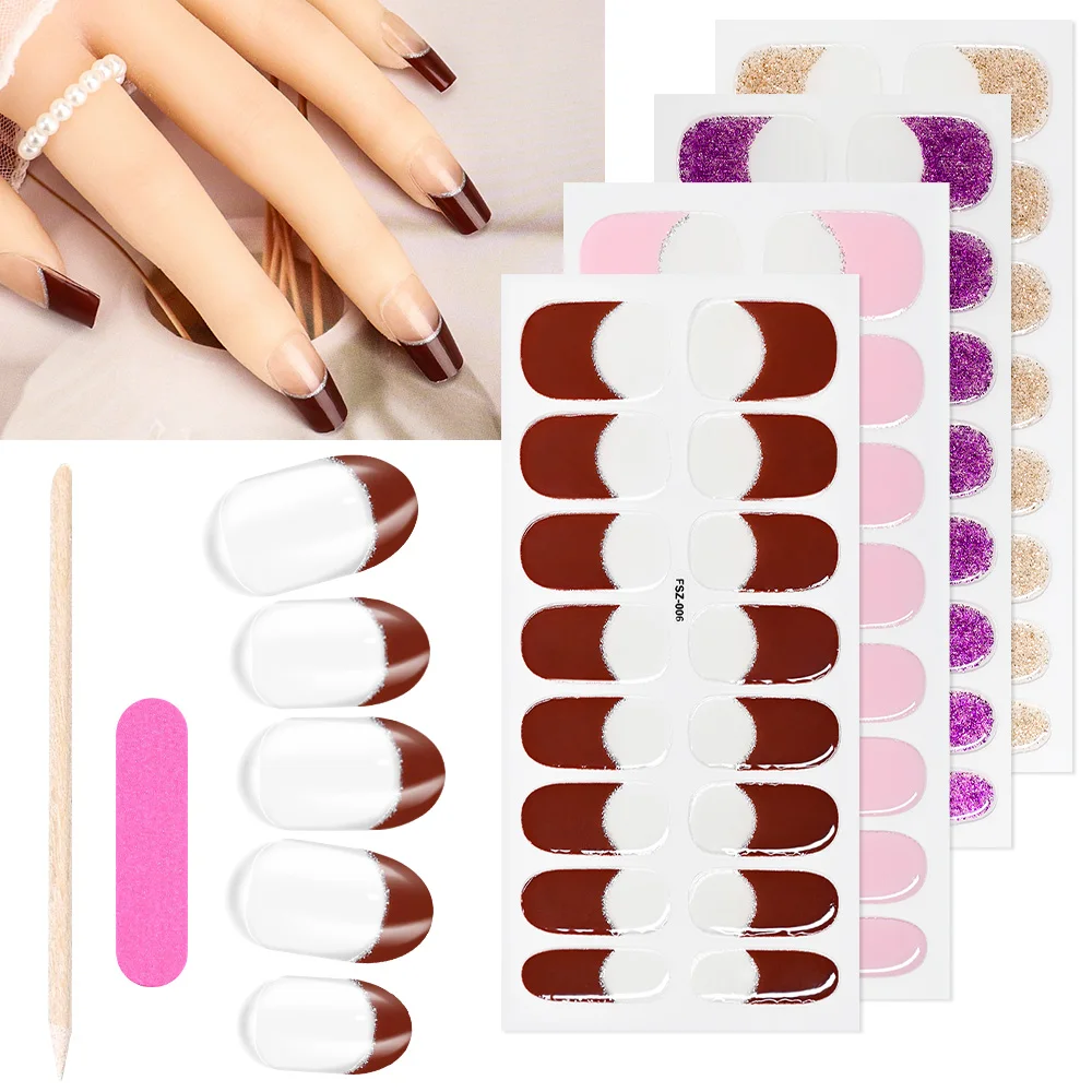 16 Tips Transparent Flash Edge French Nail Tips Soild Semi Cured Gel Full Cover Wraps Self-adhesive Stickers for Nail Decoration