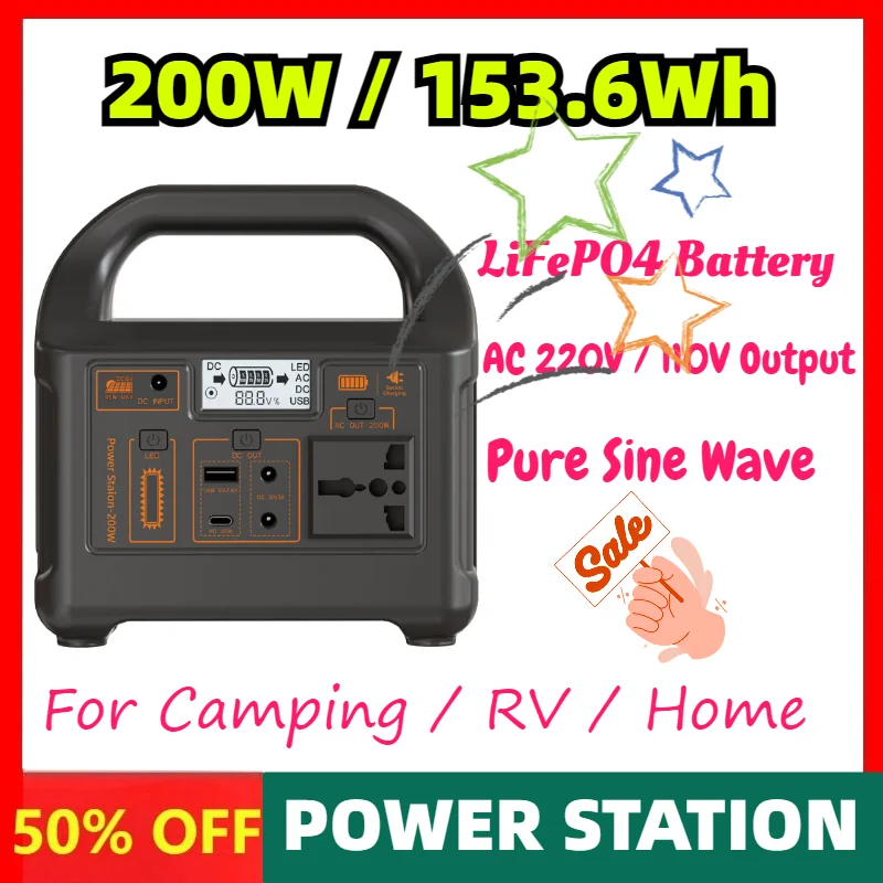 200W Portable Power Station 153.6Wh LiFePO4 Battery AC 220V/110V for Outdoor Camping Home Backup Emergency