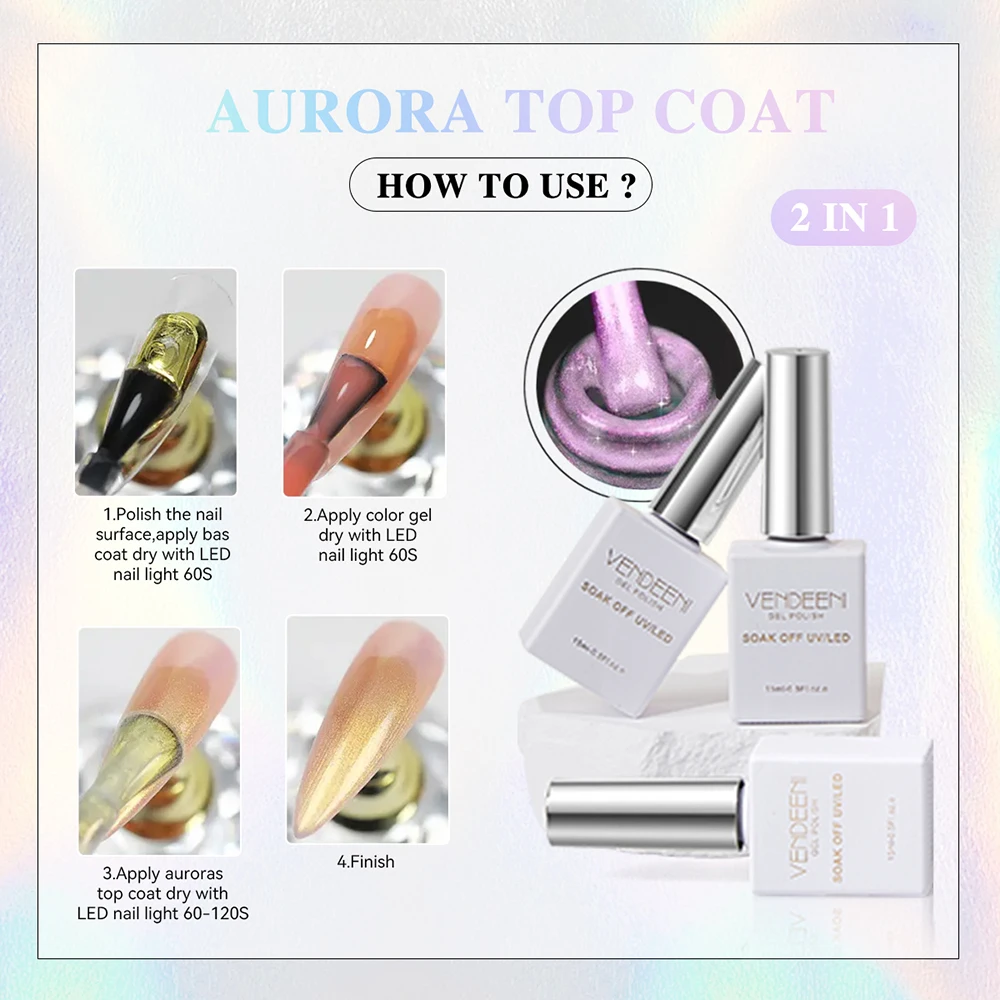 Vendeeni 5 cores universal pérola concha cor aurora casaco superior semi permanente sereia uv embeber fora do verniz gel pode combinar com qualquer cor