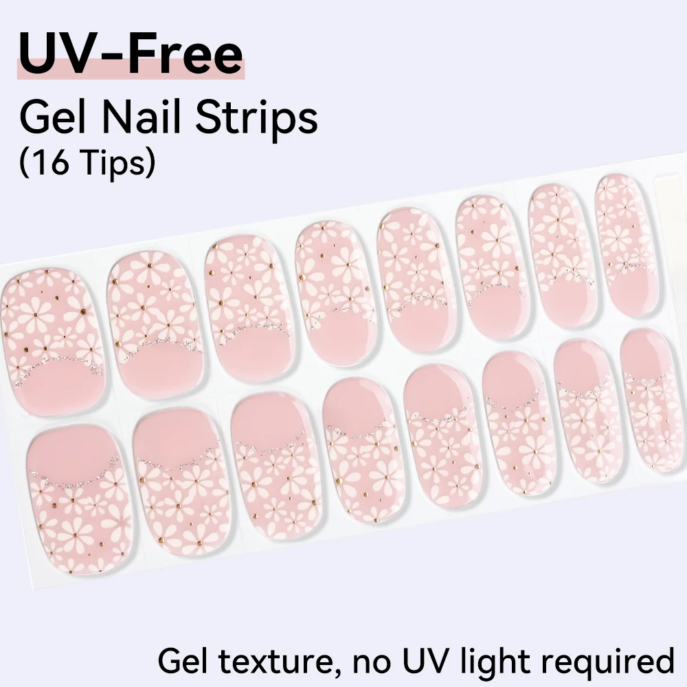 16 Tipps LED-Lampenfreie Rosa Gel-Nagelstreifen Blumen-Gel-Aufkleber Langlebige Vollabdeckungs-Aufkleber Nagel-Maniküre-Dekoration