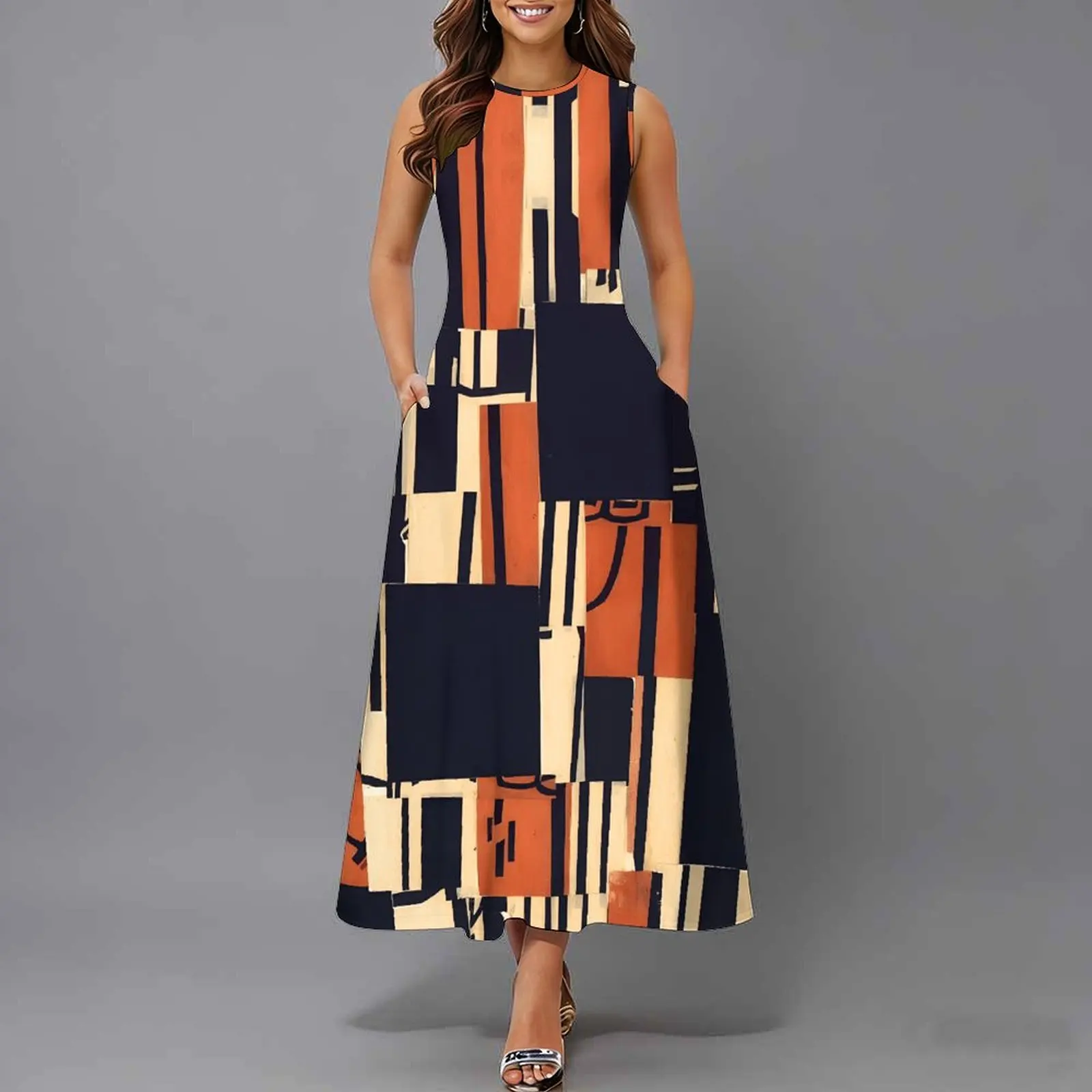 Women Sleeveless Long Maxi Dress With Pockets 3D Oil Painting Print Casual Loose Summer Vacation Party Sundress