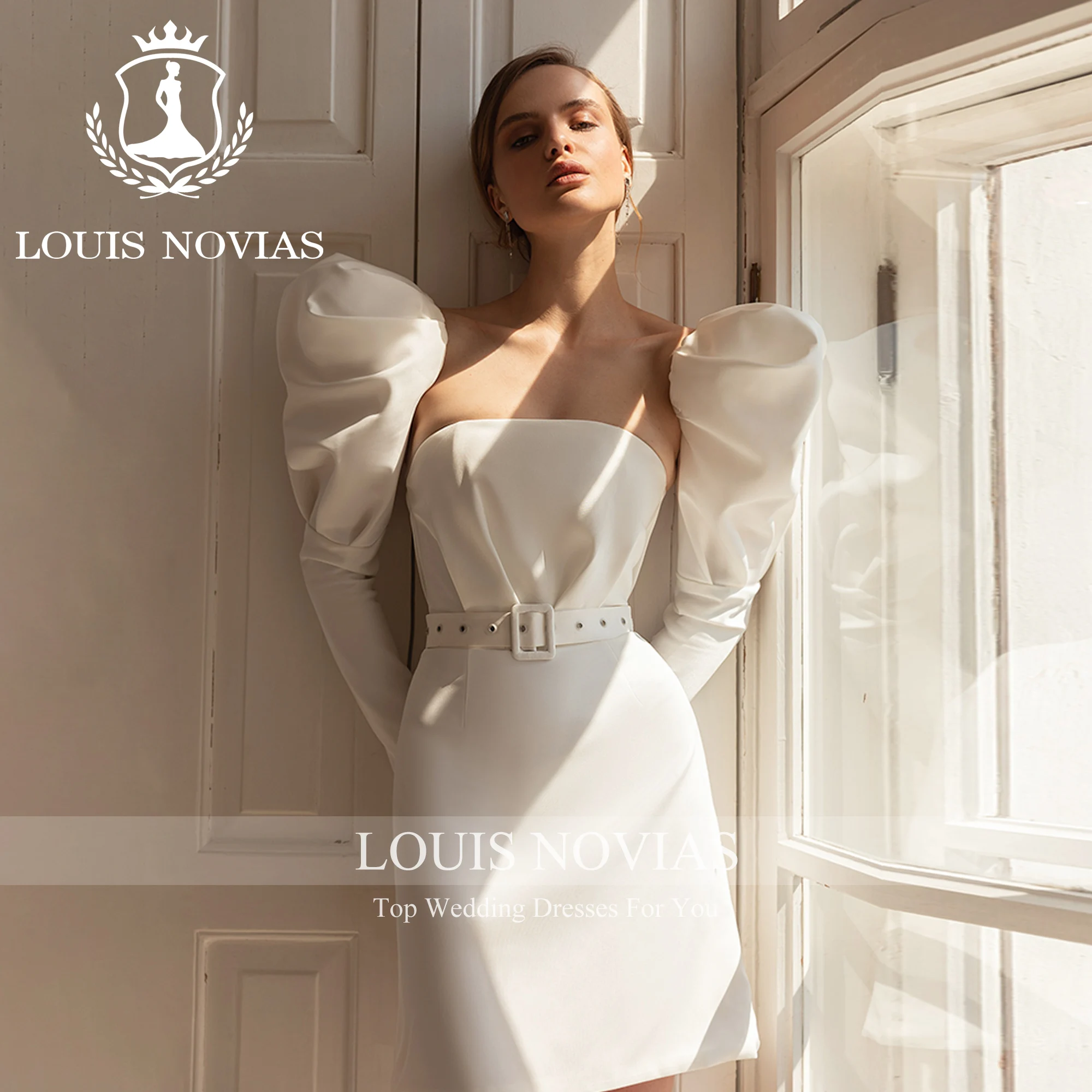 LOUIS NOVIAS 인어 긴 퍼프 슬리브 웨딩 원피스 2023, 모던 스트랩리스 벨트, 무릎 위 새틴 웨딩 가운