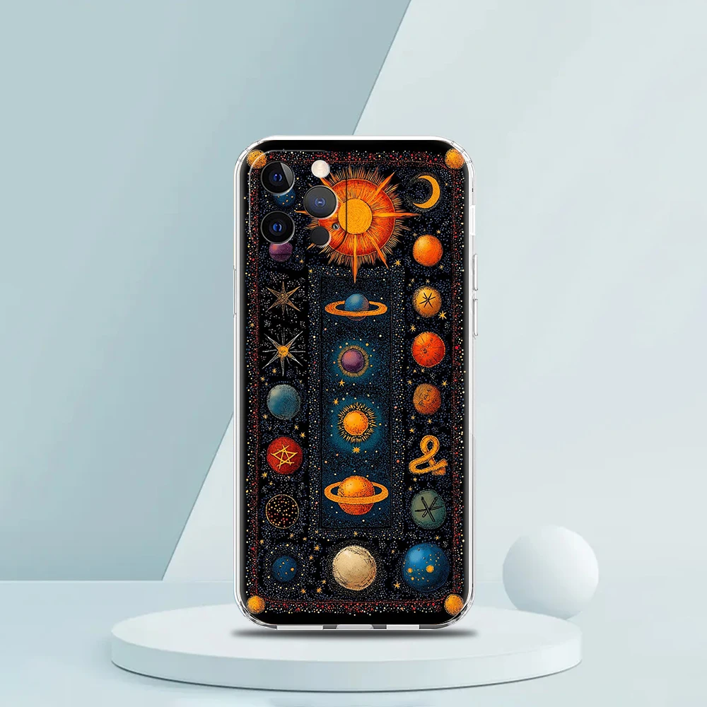 Coque de téléphone transparente en TPU souple, étui antichoc pour iPhone 16 15 14 13 12 11 Pro Max XR 8 7 Plus, motif soleil, lune, étoiles