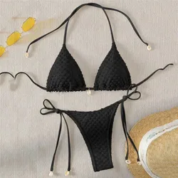 Black String Micro Bikini Thong Sexy Swimsuit Women 2024 Shell Decorate Swimwear Strój kąpielowy Halter Triangle Bikini Set Mujer