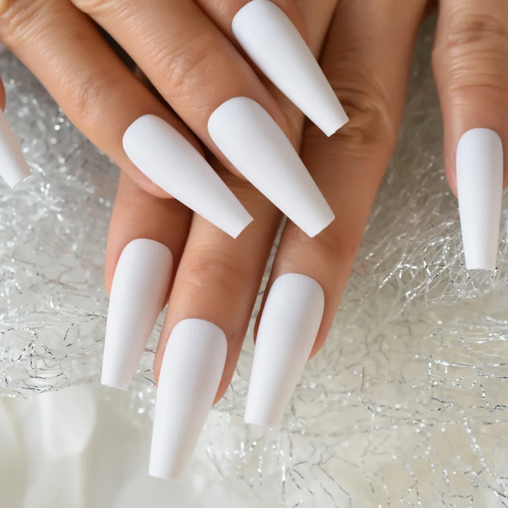 Super Long Fake Nails Coffin Matte White Press on Nails Ballerina Acrylic False Nails Tips Cosplay Party Salon Office Lady Girls