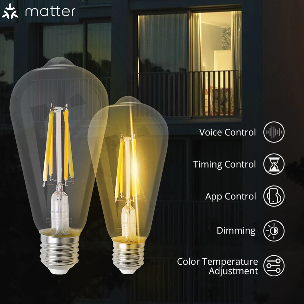 Zemismart Matter WiFi LED Filament Bulb 220V 7W Retro Tungsten Light Homekit SmartThings Alexa Google Home APP Control