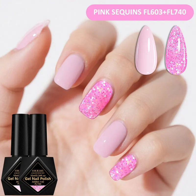 2 stks Roze Glitter Gel Nagellak Set 10 ml Pailletten Semi Permanente Basis Matte Top Coat Losweken LED UV Nail Art Gel Vernis