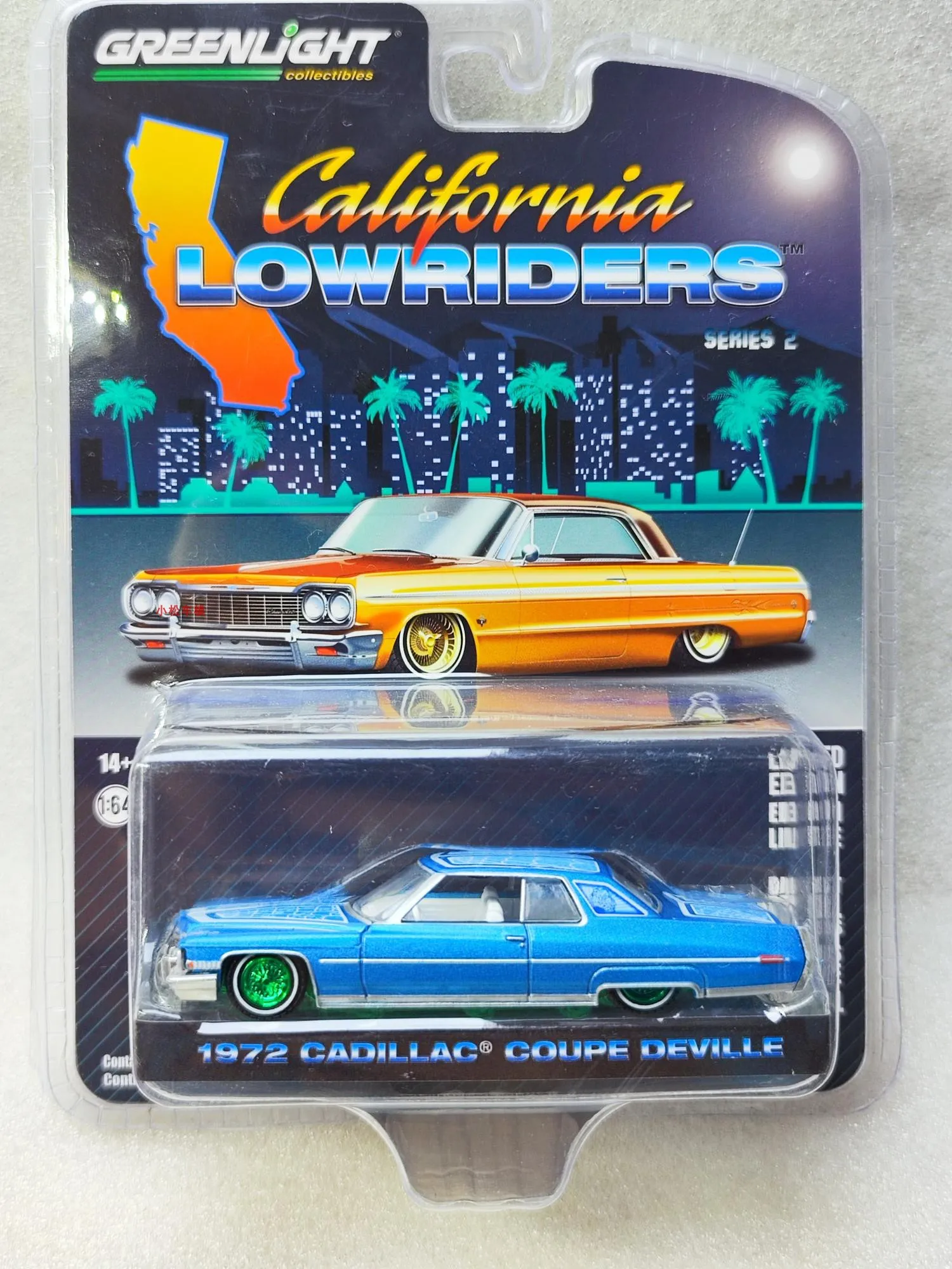 

1:64 California Lowly 2 1972 Cadillac Coupe deVille - Customized Baby blue Green Machine Collection of car models