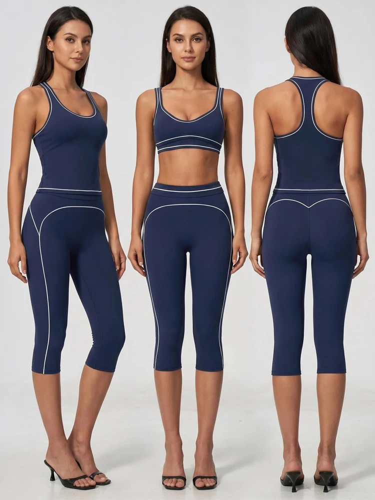 VITALINOVO Women 2 Pieces Workout Sets Built-in Bra Tank Top Matching High Waisted Butt Lifting Capri Leggings Yoga Gym Outfits