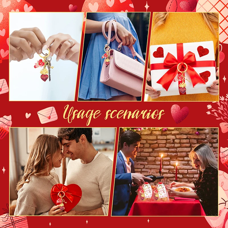 6 مجموعات من هدايا عيد الحب للأزواج، 6 سلسلة مفاتيح على شكل قلب، 6 علامات ملصقات للهدايا، 6 أكياس أورجانزا حمراء، هدايا تبادل الزوجين #4