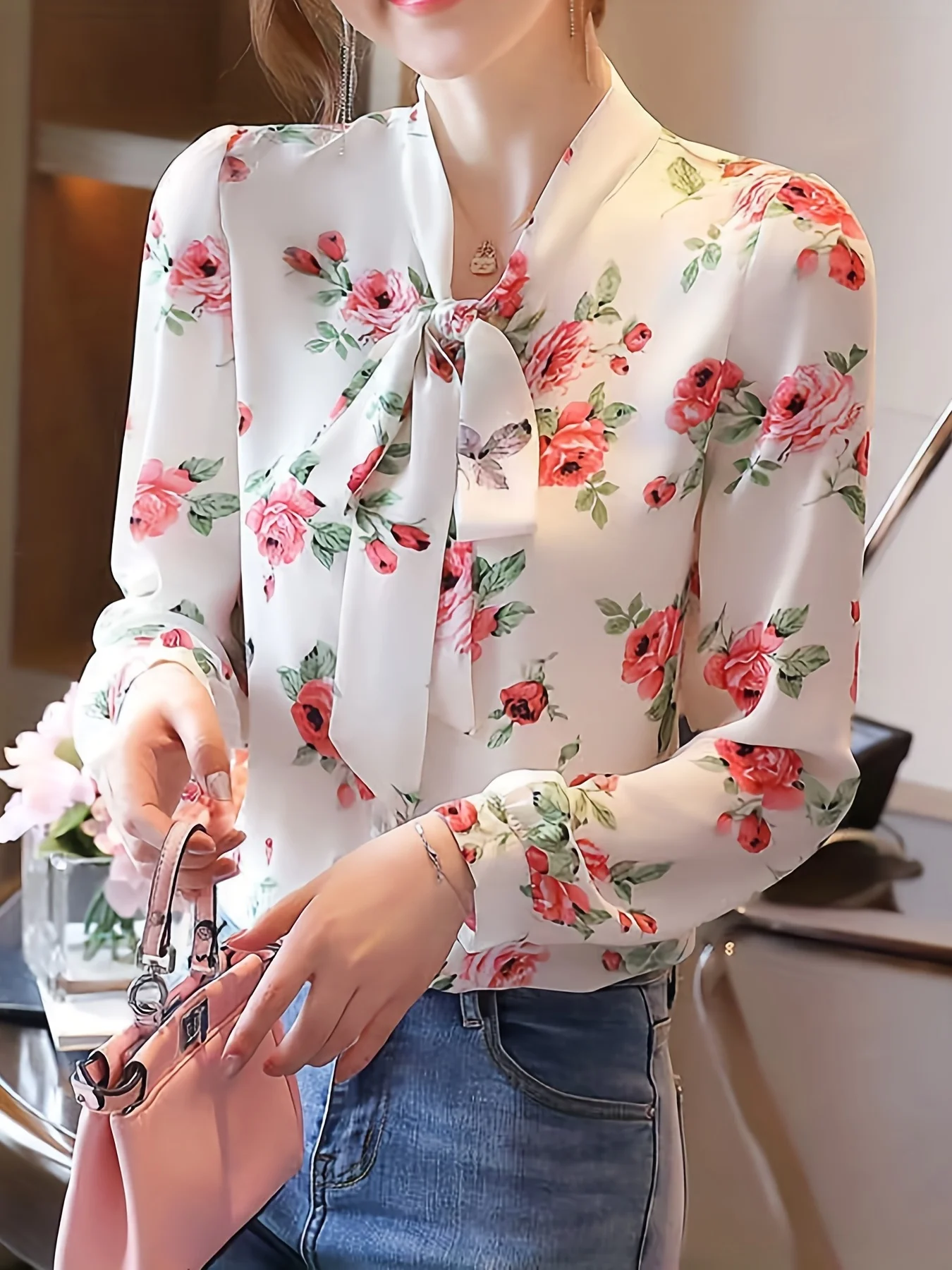 New long sleeve printed floral lace-up ladies spring and autumn sweet belly covered bow blouse ladies chic little shirt