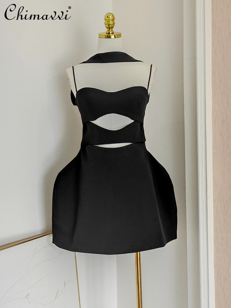 

French Elegant Socialite Evening Dress Hollow Halter Sleeveless Backless High Waist A-line Solid Color Sexy Short Dress Women