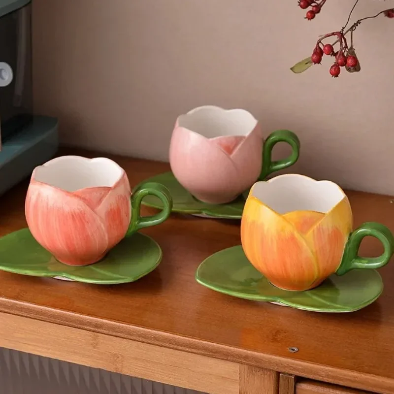 Tulip Flower Shaped Cup&saucer Dining Table Coffee Mug Delicate Porcelain Mugs Afternoon Tea Teacup Fruit Juice Container