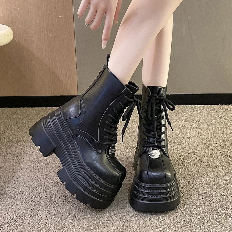 Women Boots Gothic Leather Women Boots Punk Platform Motorcycle Boots Luxury Brand Comfortable Shoes Mid-calf Short Combat Boot