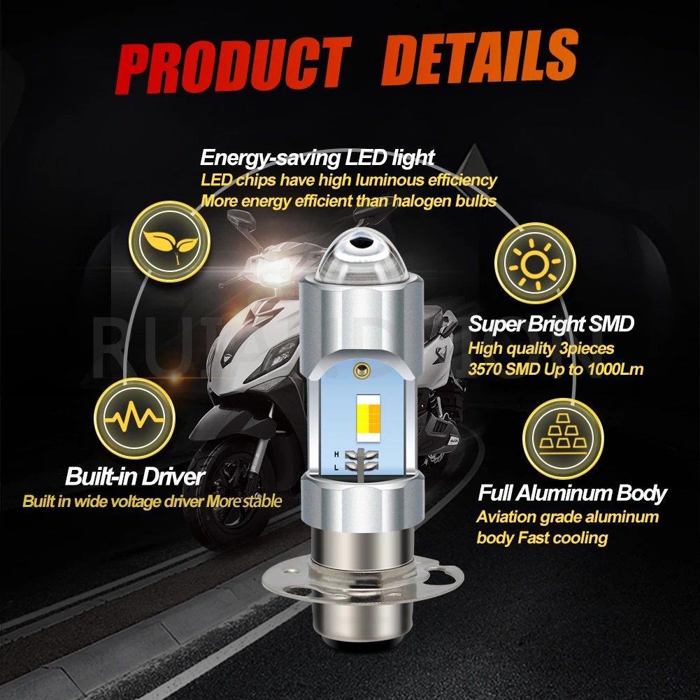 Ruiandsion P30D Motorcycle LED Light HeadLight 3570 3SMD Chip FloodLight Spot Light Foglamp High Low Beam White Yellow 6V 1000Lm