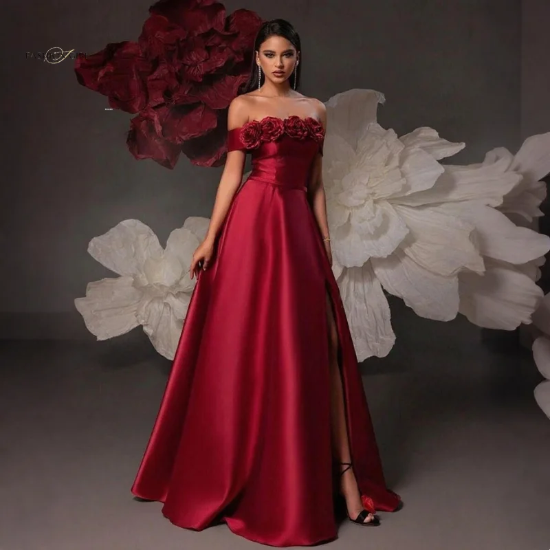 Customized Red Cocktail Dress 2025 One Shoulder Three Dimensional Flower Wedding Guest Dress Sexy Satin Elegant Split Ball Dress