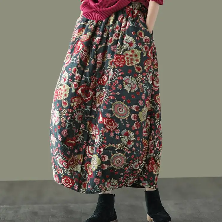 

Thiened Cotton Printed Padded Skirt Medium Vintage Sle Busin Casual Loose Fit Floral Print mid Waist f Skirt
