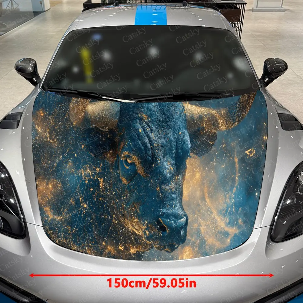 Starry Sky Gilded Bull Car Vinyl Wrap, PVC Waterproof Car Hood Sticker, Self-Adhesive Scratch-Resistant Stickers