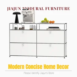 Stylish Yellow Metal Storage Console｜4-Door Flip Cabinet with Open Top Shelf｜Modern Home Organizer | For Living Room Dining Ro