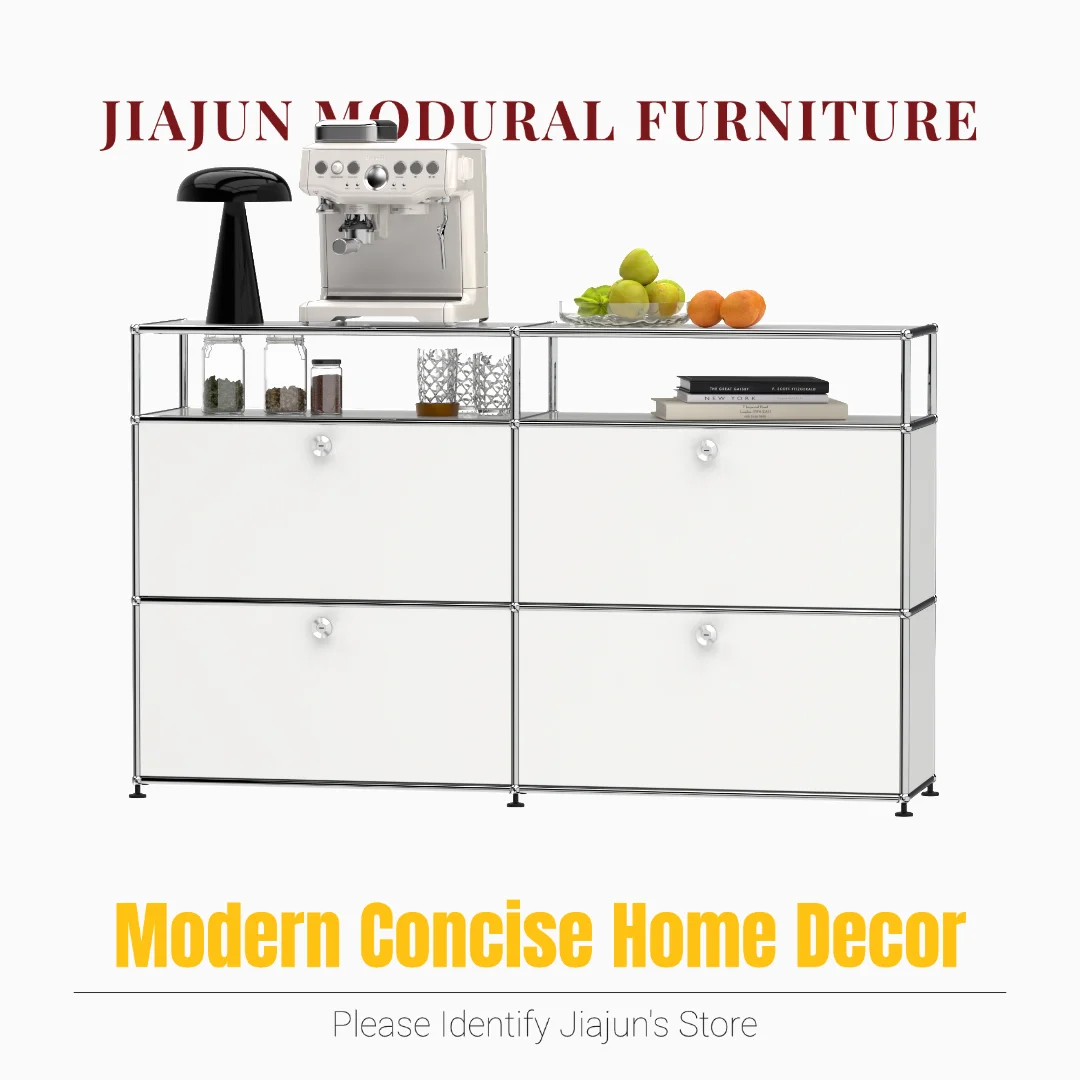 Stylish Yellow Metal Storage Console｜4-Door Flip Cabinet with Open Top Shelf｜Modern Home Organizer | For Living Room Dining Ro
