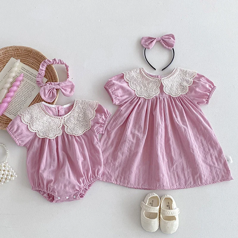 2024 New Summer Sister Clothing Kids Princess Dresses Short Sleeved Cotton Splicing Infant Baby Romper Baby Girl Party Dress