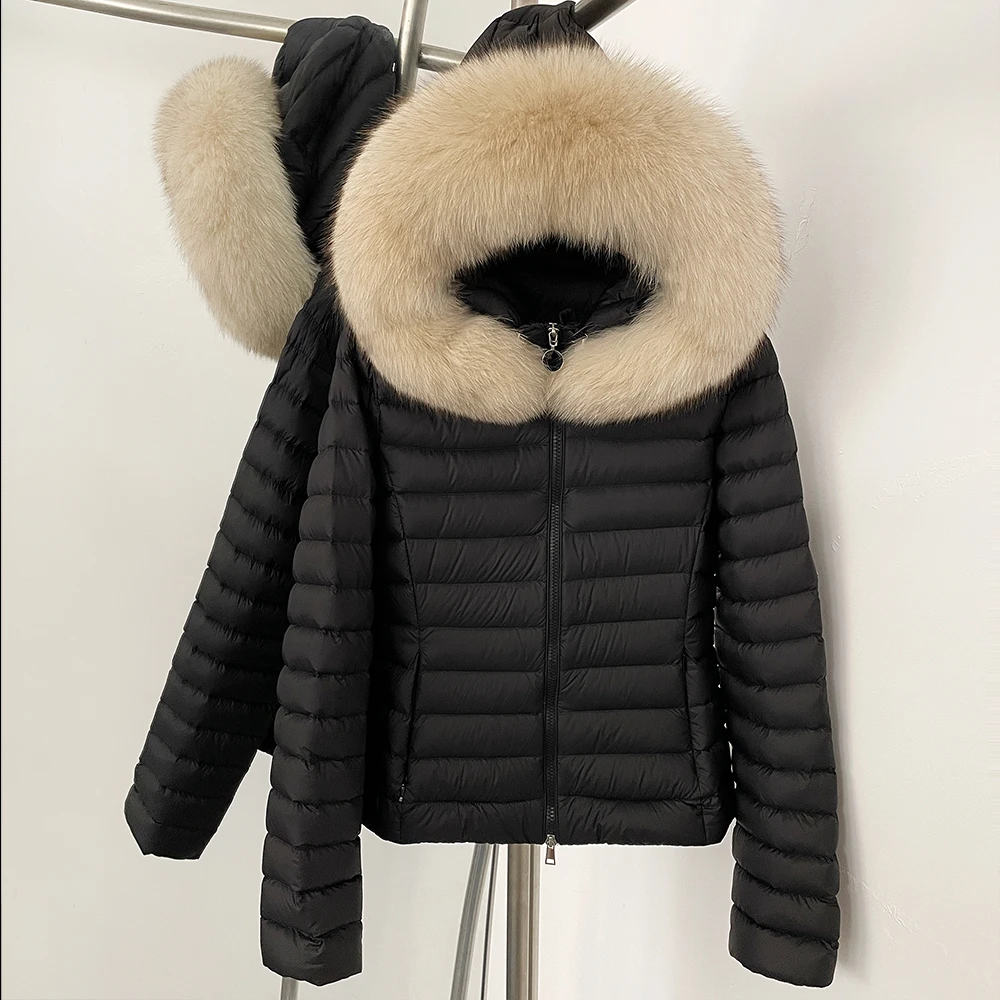 OFTBUY Giacca soffice da donna Giacca in vera pelliccia con cappuccio Sottile Vera pelliccia di volpe Colletto2025 Nuovo inverno corto femminile Piumino d'anatra bianco