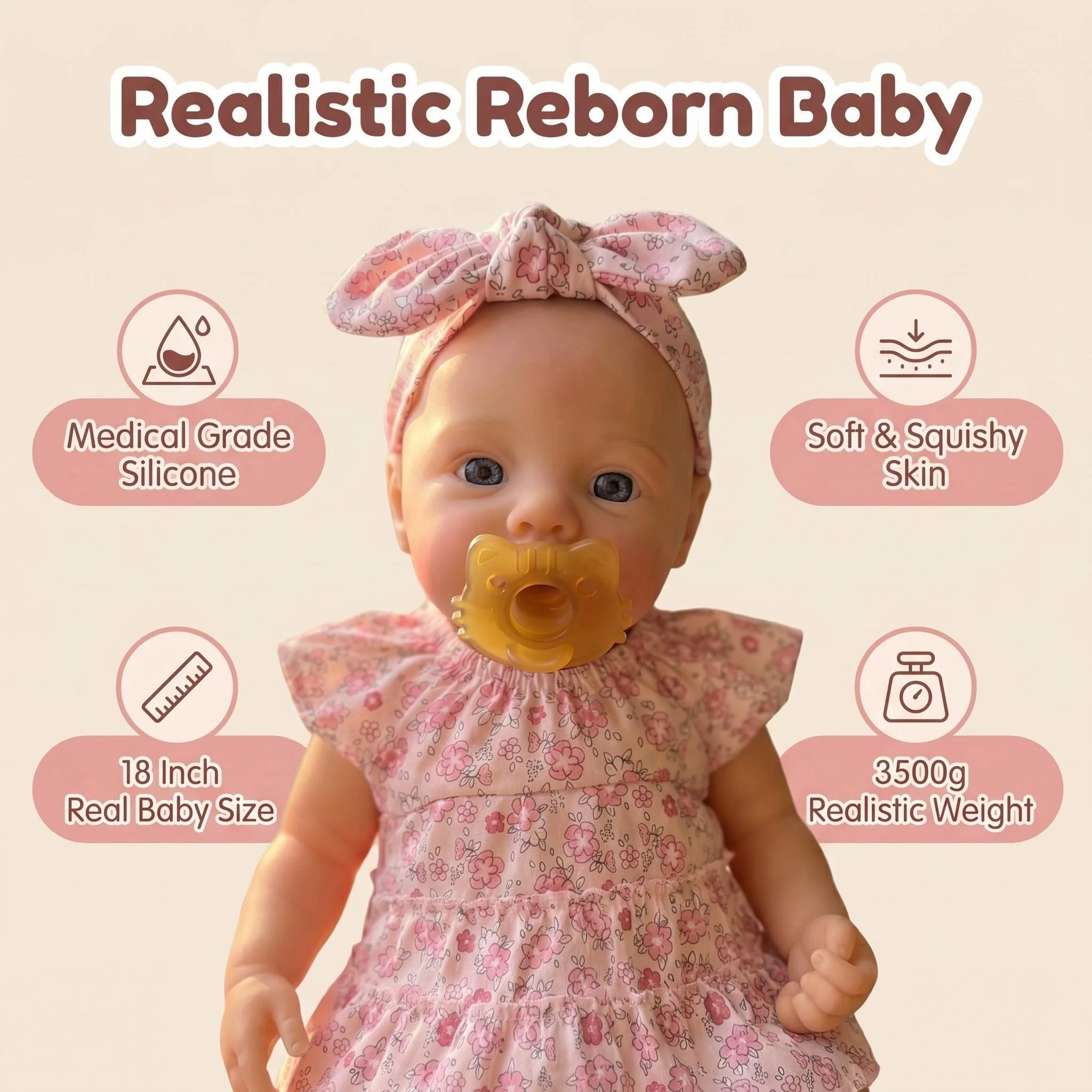 NPK 18-inch Lifelike Meadow Solid Platinum Silicone Baby Girl Realistic Weight 3000G with Pacifier Included Collectible Doll
