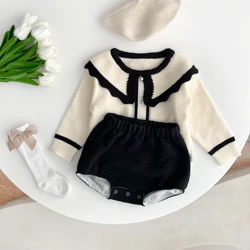 Autumn Newborn Baby Girls Knitted Ruffled Top Large PP Pants Korean Soft Baby Set Children's Fashion Casual Suit Baby Clothes