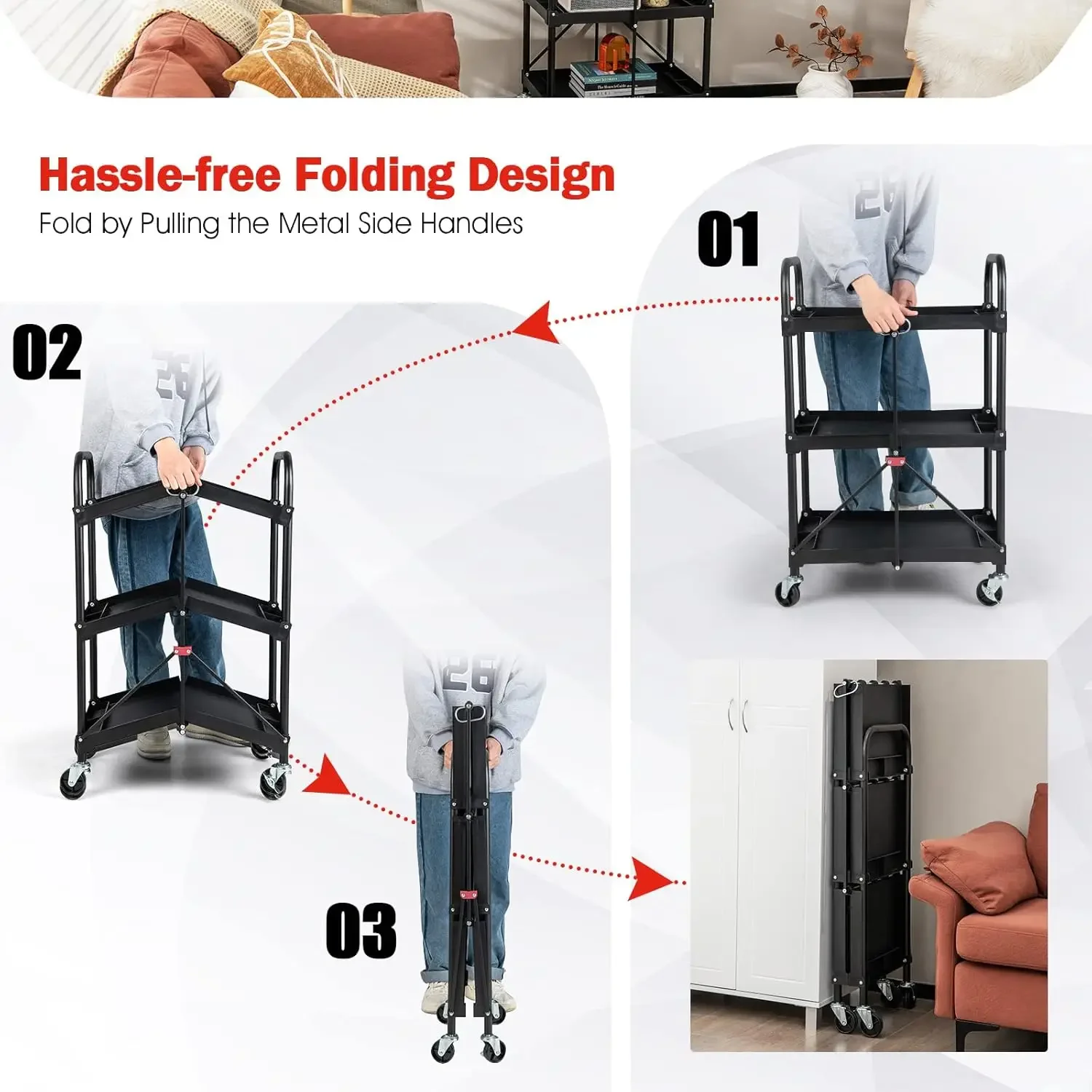 Collapsible Storage Tool Cart with Lockable Wheels & Handrails, Heavy-Duty Metal Frame Service Cart, Portable Rolling Cart for H