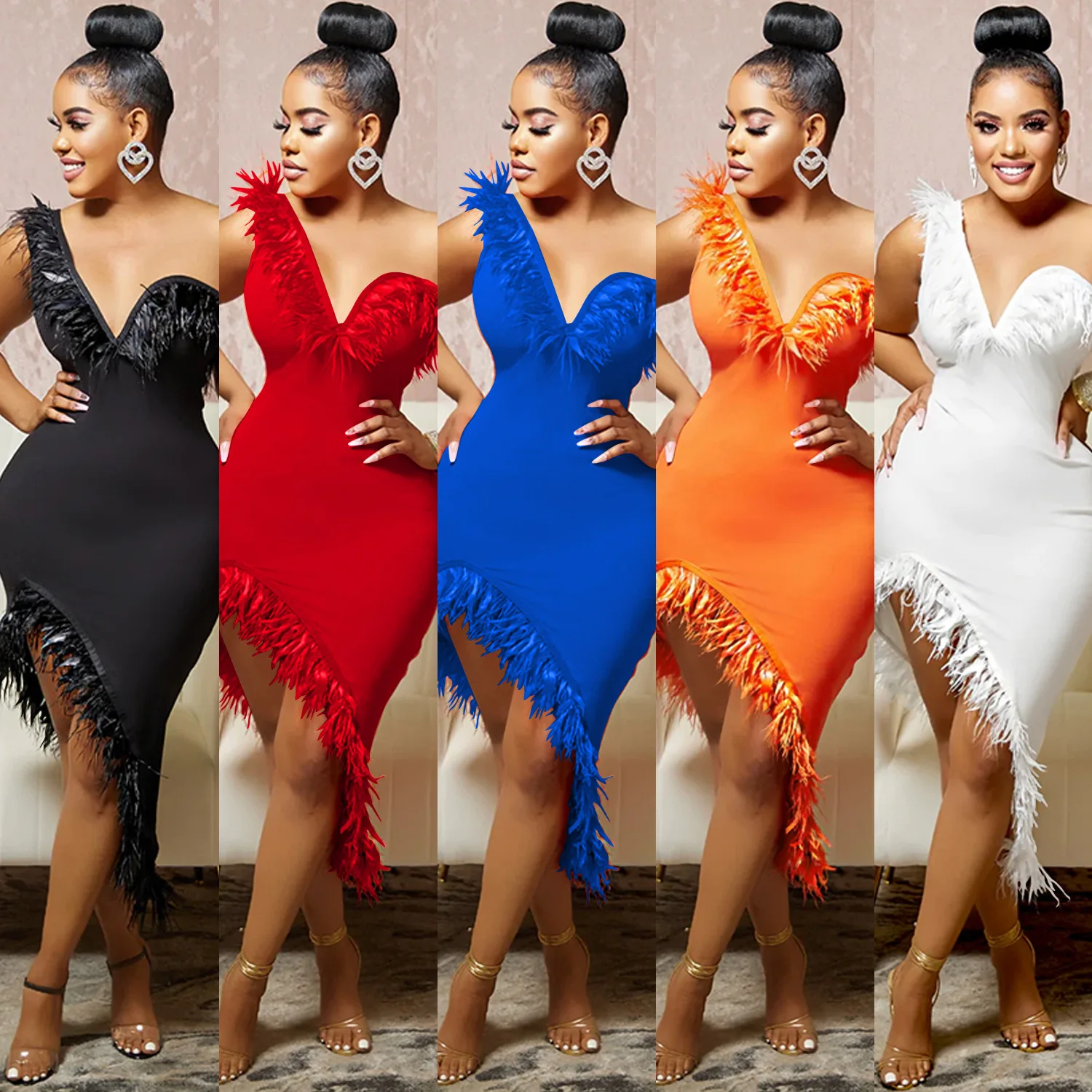 

New solid color V-neck sleeveless chest-wrapped feathers irregular mid-skirt dress, thin temperament, high-end classic clothing