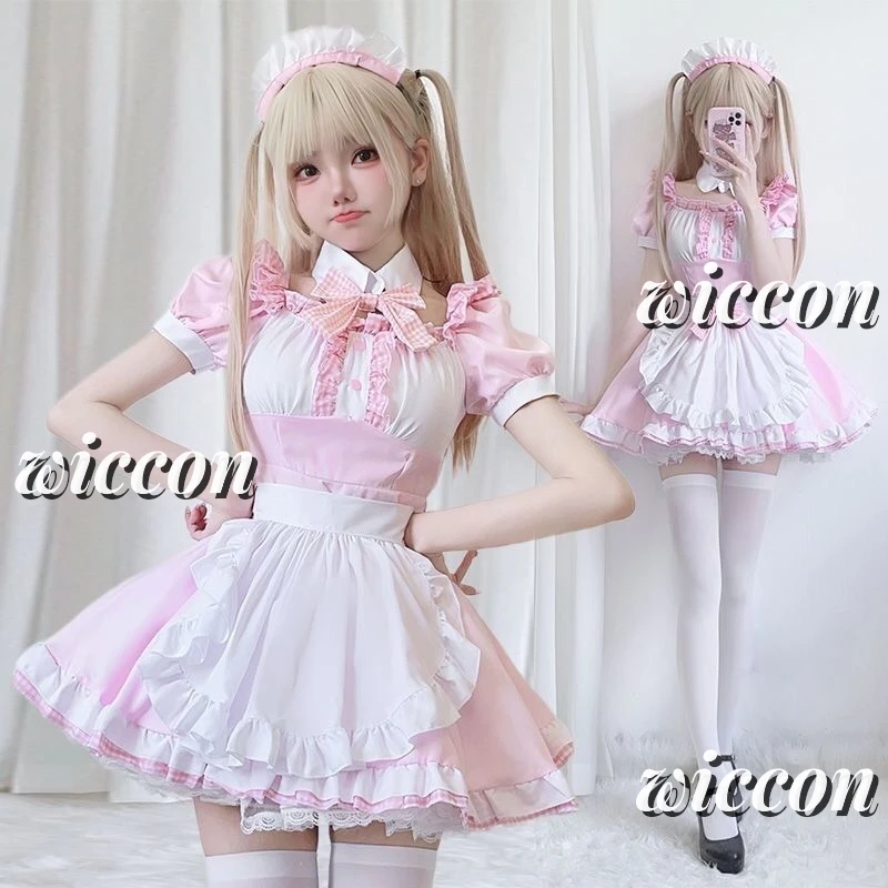 Menina japonesa linda empregada cosplay trajes, garçonete gótica de Halloween, vestido rosa doce, bonito arco avental, role play