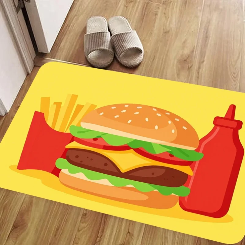 Funny Burger & Fries Door Mat, Fast Food Pattern, Yellow Kitchen Welcome Rug, Non-slip Entrance Floor Mat, Home Decor