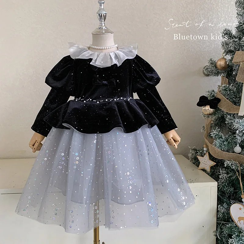 

Girls' Autumn and Winter New French Bow Patchwork Velvet Puffy Princess Dress