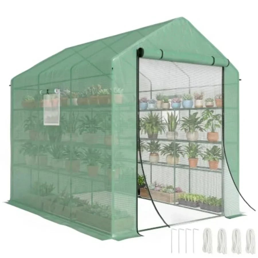 Walk-in greenhouse cover for gardening use, PE material, green color, 8' x 6' x 7' size with 4-tier shelves for space-saving st