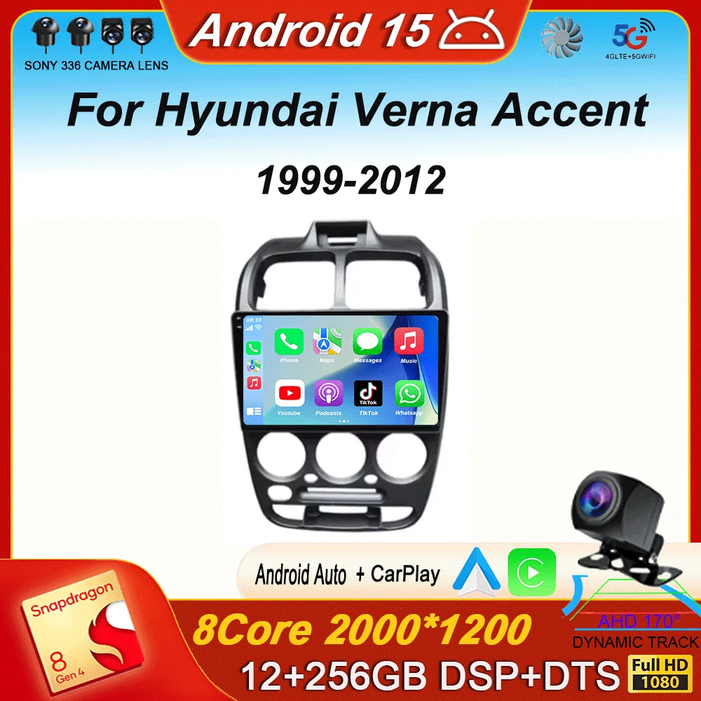 Carplay Auto WIFI+4G Car Radio For Hyundai Verna Accent 1999-2012 Multimedia  Video Android15 Player Stereo Navigation GPS Audio