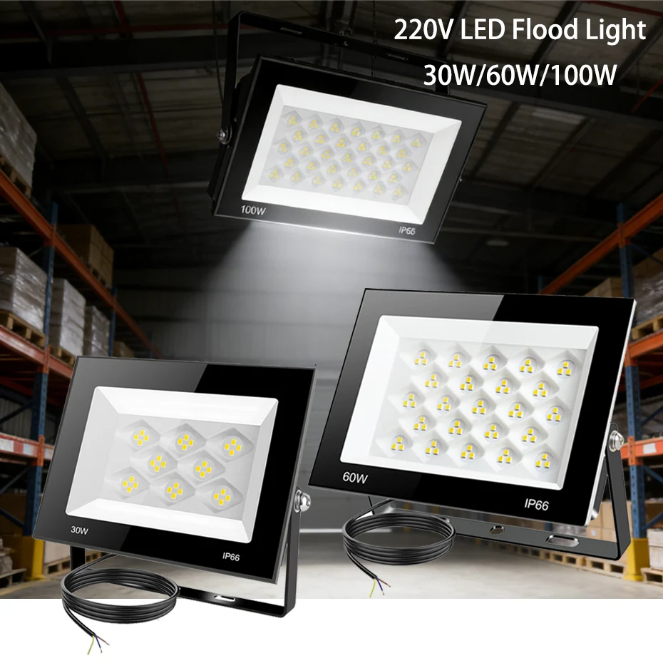 

Уличный водонепроницаемый прожектор LED, AC220V, 30W, 60W, 100W, для сада, веранды, двора, дорожек, холодный белый свет 6500K