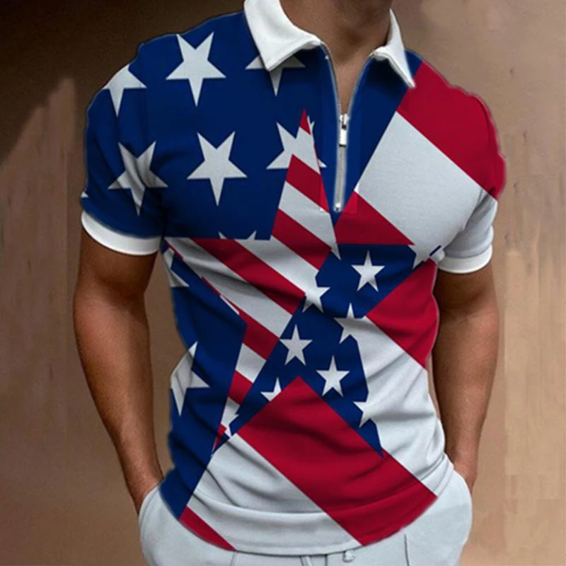 

Flag print Polo Shirt for Men Hawaiian 3D Print Zipper Polo Short Sleeve Summer Shirt