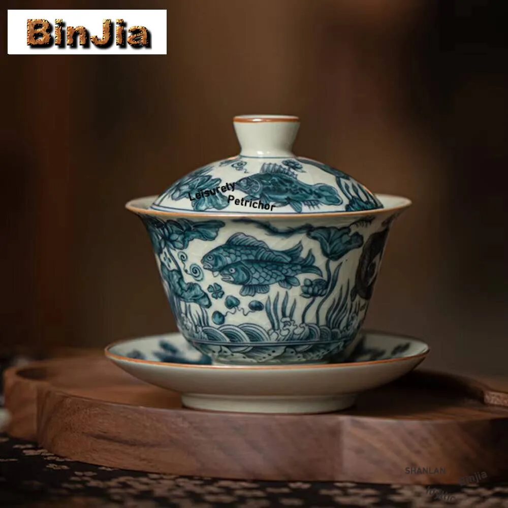 

150Ml Chinese Fish And Algae Pattern Gaiwan Aesthetic Imitation Song Ru Kiln Tea Tureen Brewing Cover Bowl Cha Teaware Craft