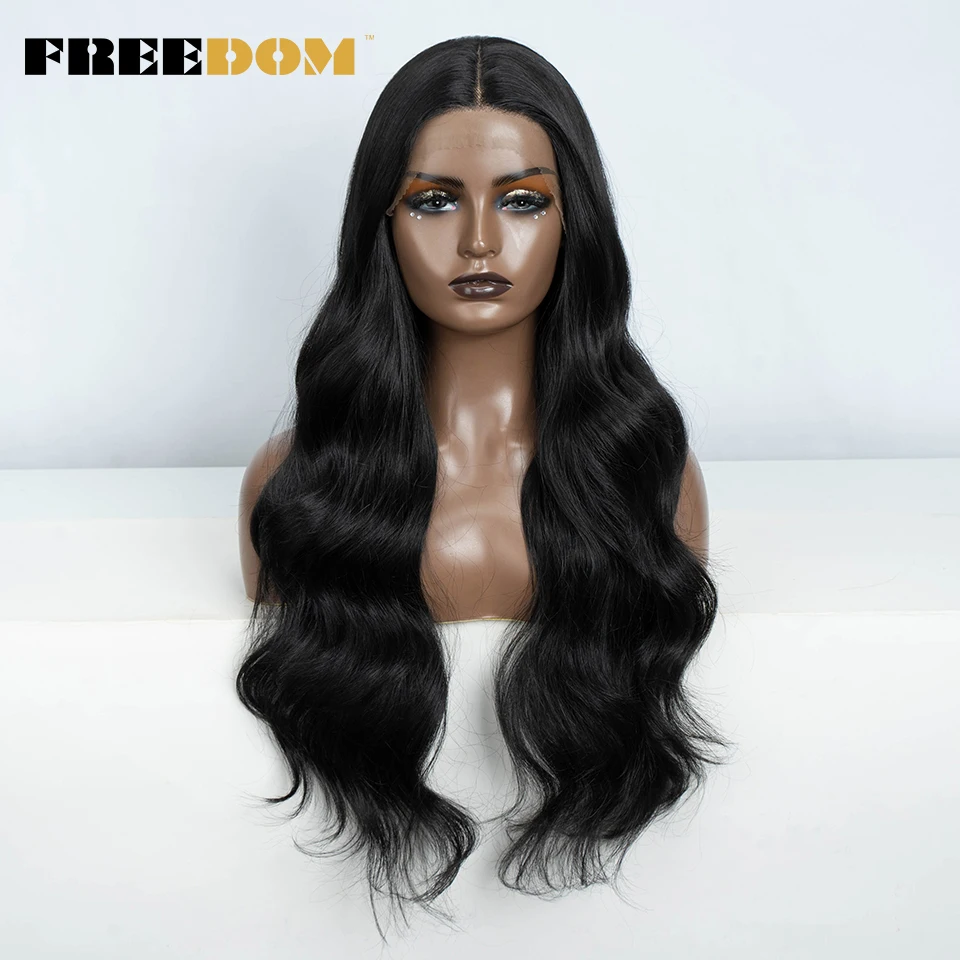 REEDOM Body Wave Synthetic Lace Frontal Wigs For Black Women 28 inch Ombre Brown Higlight Lace Wig Heat Resistant Cosplay Wig