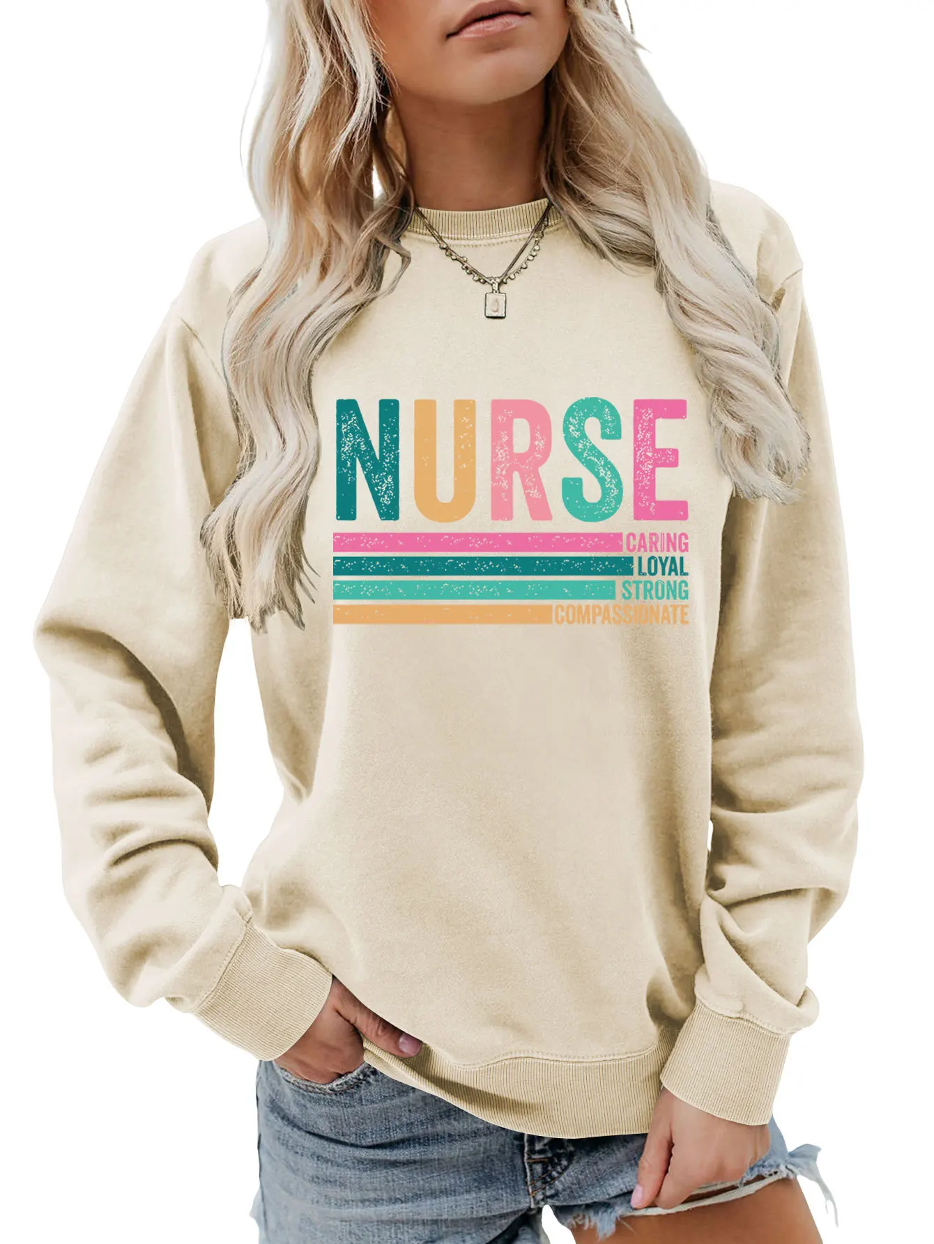 Autumn new crewneck T-shirt hoodie nurse caring loyal strong print loose women's casual top with all fashion pullover